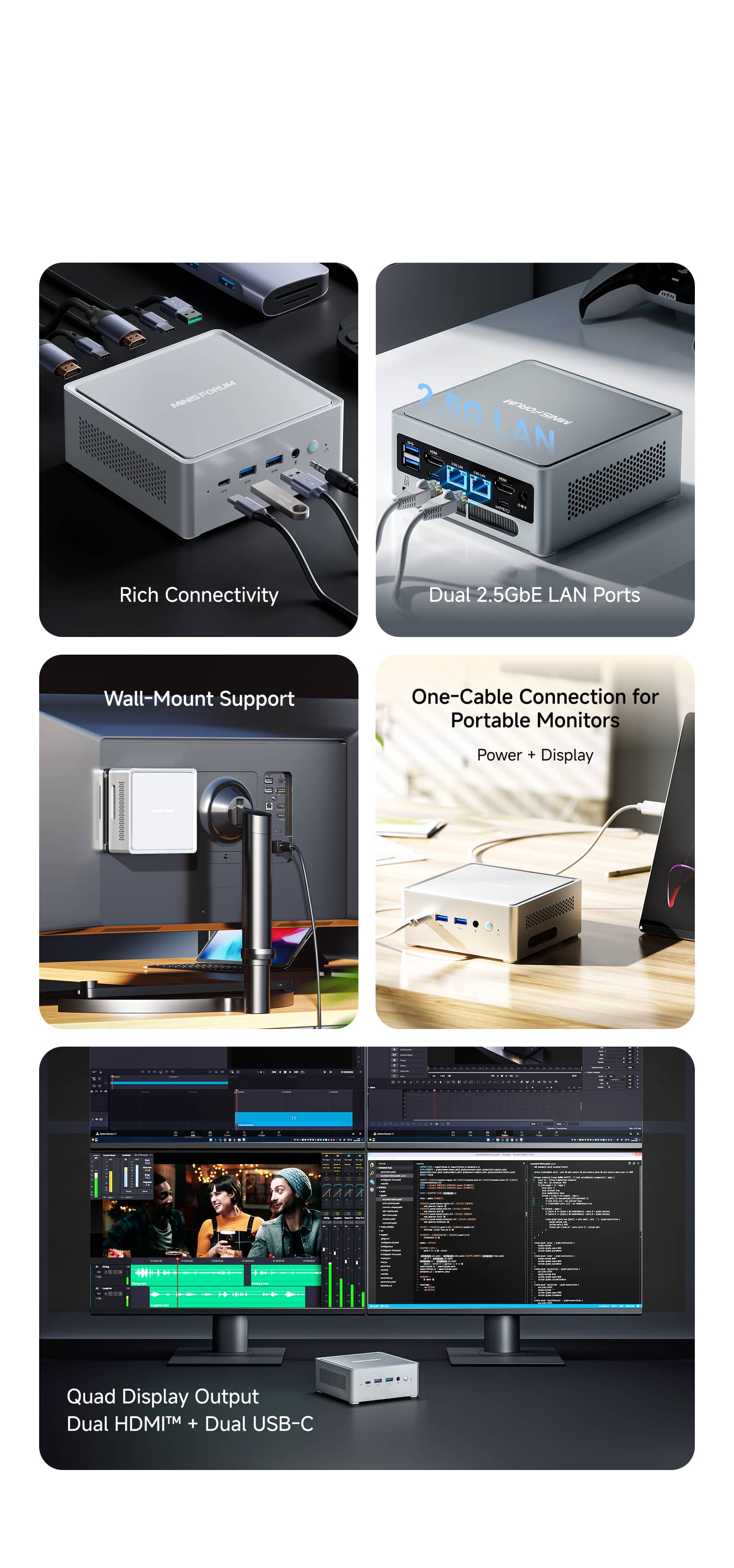 Minisforum NAB9S | Support Quad Display Output | Dual HDMI+Dual USB-C | Dual 2.5gbE LAN Ports | Support VESA Wall-Mount | One-cable Connection for portable monitors