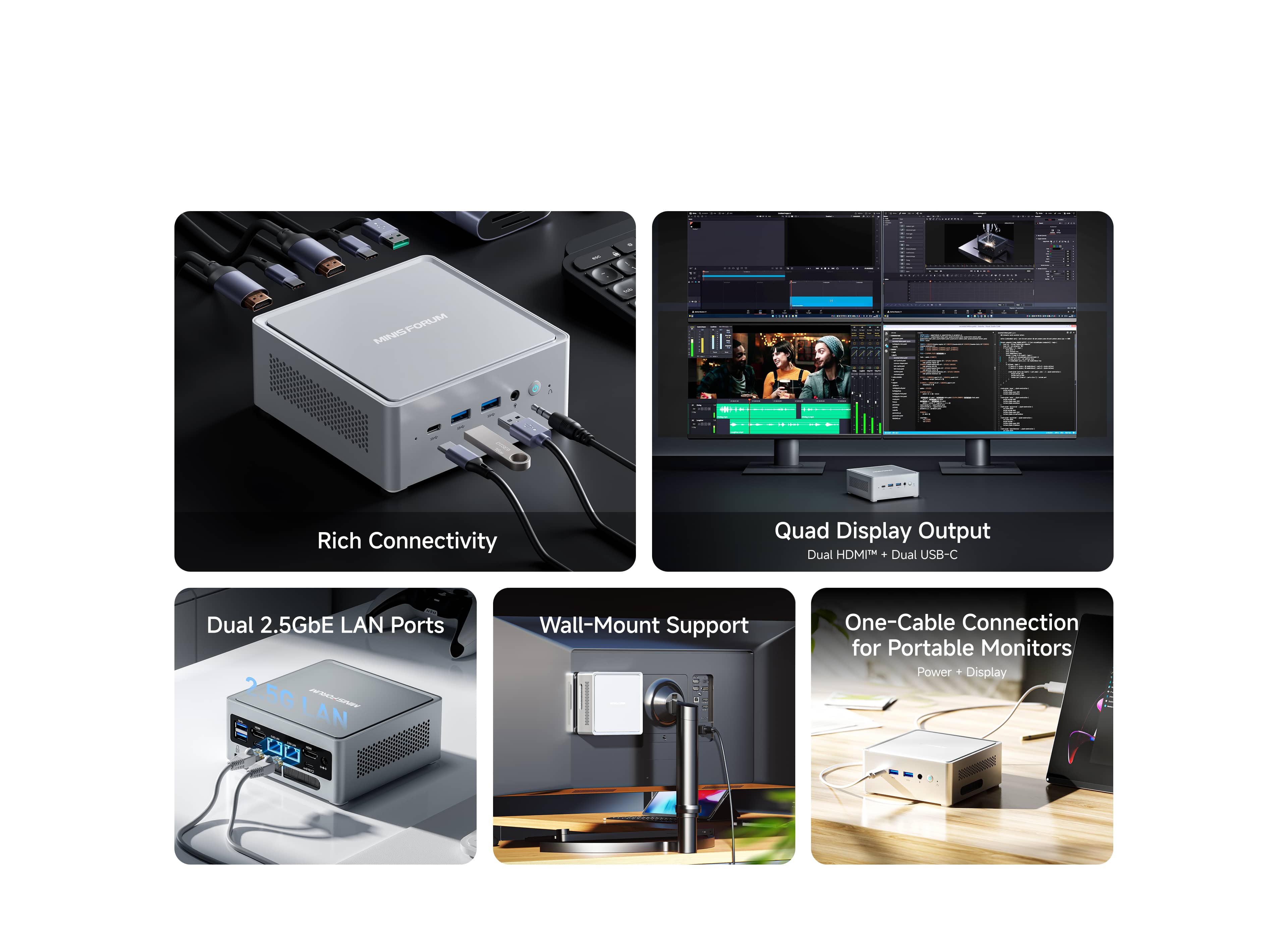 Minisforum NAB9S | Support Quad Display Output | Dual HDMI+Dual USB-C | Dual 2.5gbE LAN Ports | Support VESA Wall-Mount | One-cable Connection for portable monitors