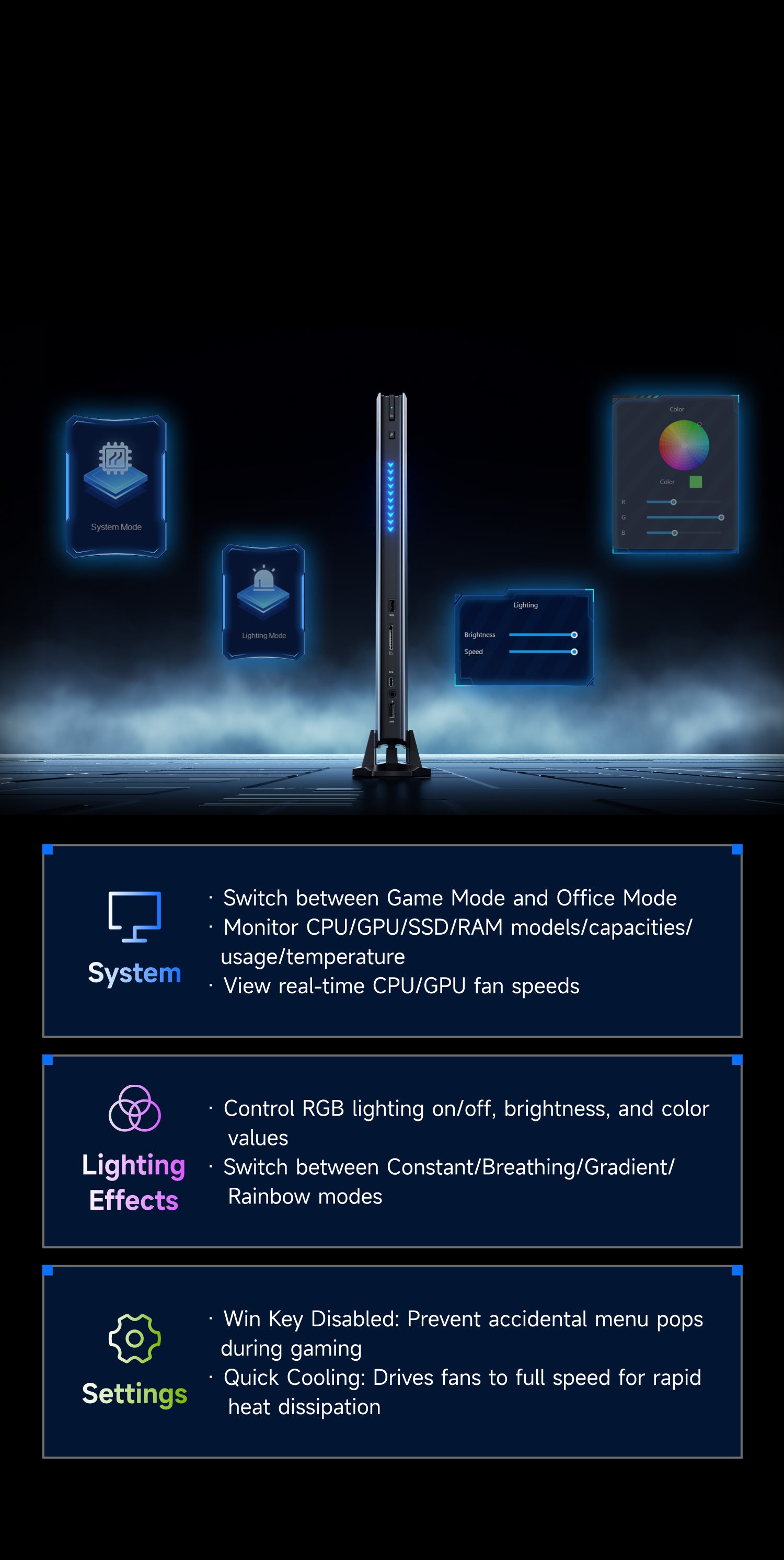 Switch Game&Office Mode | Control RGB lighting on/off | Win Key Disabled | Quick Cooling