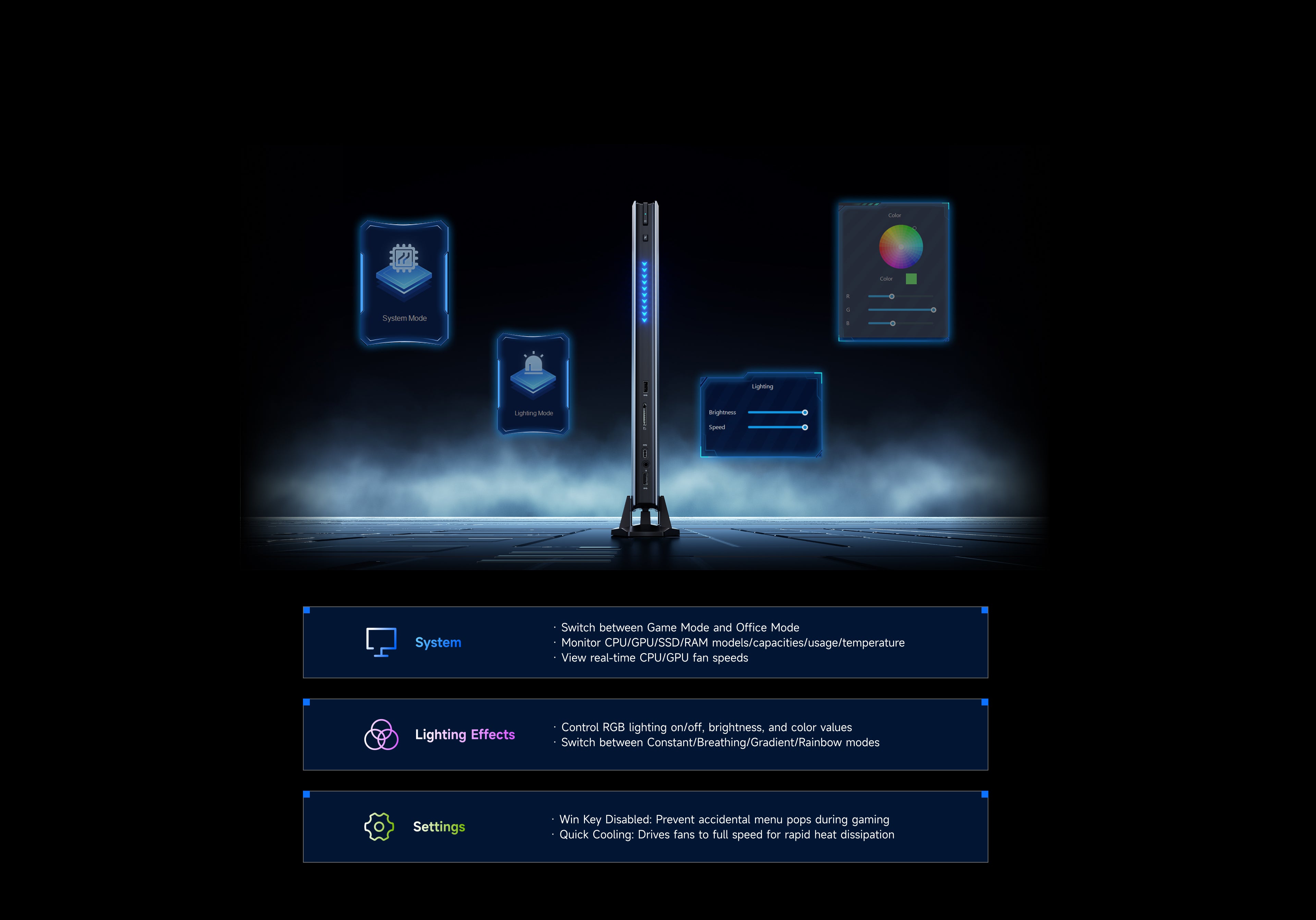 Switch Game&Office Mode | Control RGB lighting on/off | Win Key Disabled | Quick Cooling