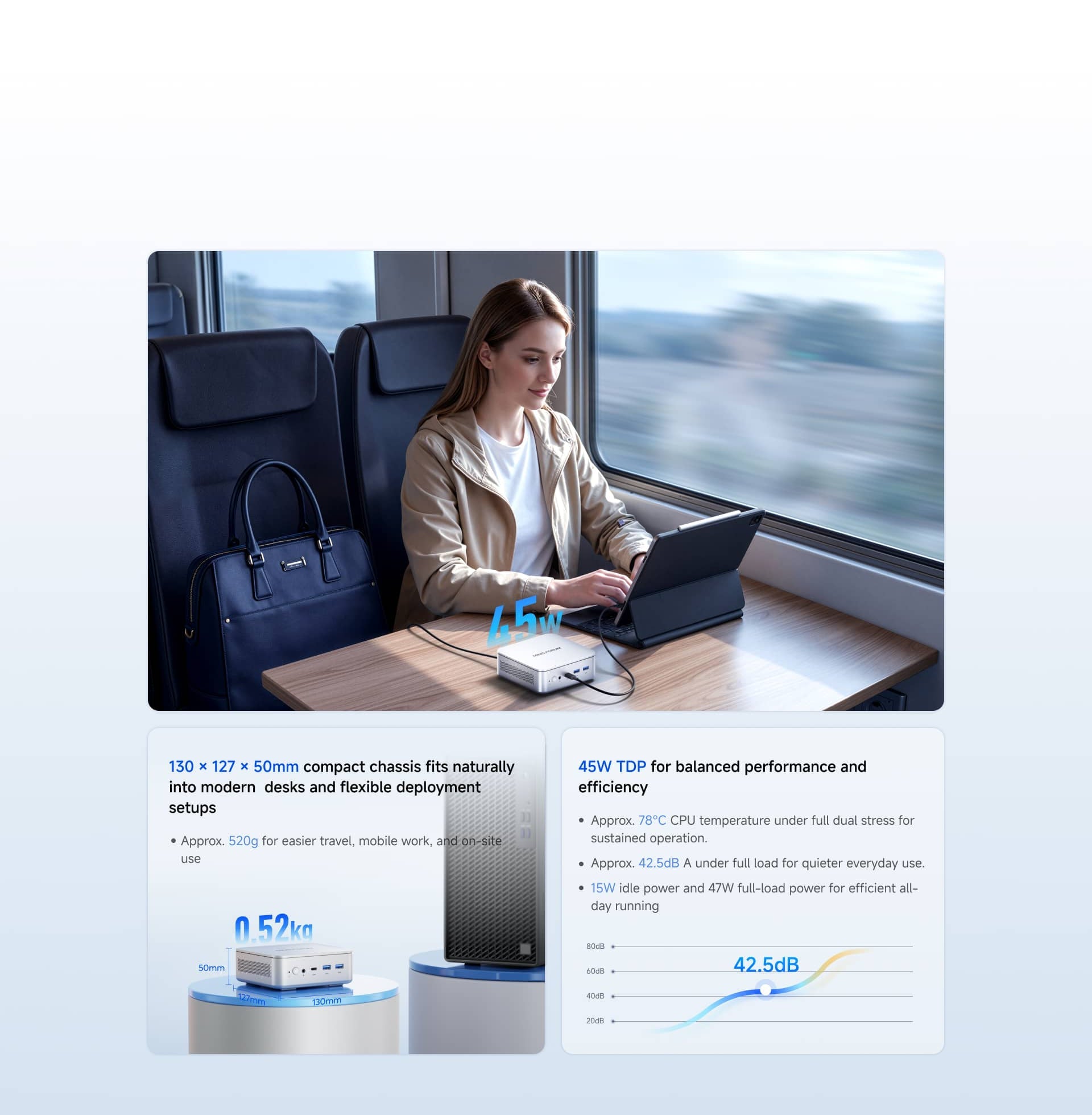 Minisforum M2 130 × 127 × 50 mm  Palm-Sized | 520g for easier travel, mobile work, and on-site use | 45W TDP for balanced performance and efficiency Approx. | 42.5dBA under full load for quieter everyday use.